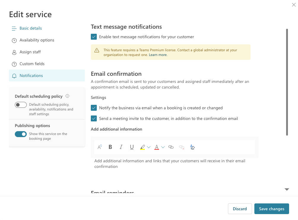 Enable text message reminders for Microsoft Outlook/Bookings